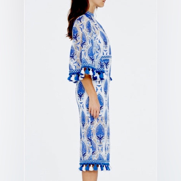 Blue and white embroidered dress with tassel sleeve and hem sz 2-4 - Picture 2 of 7